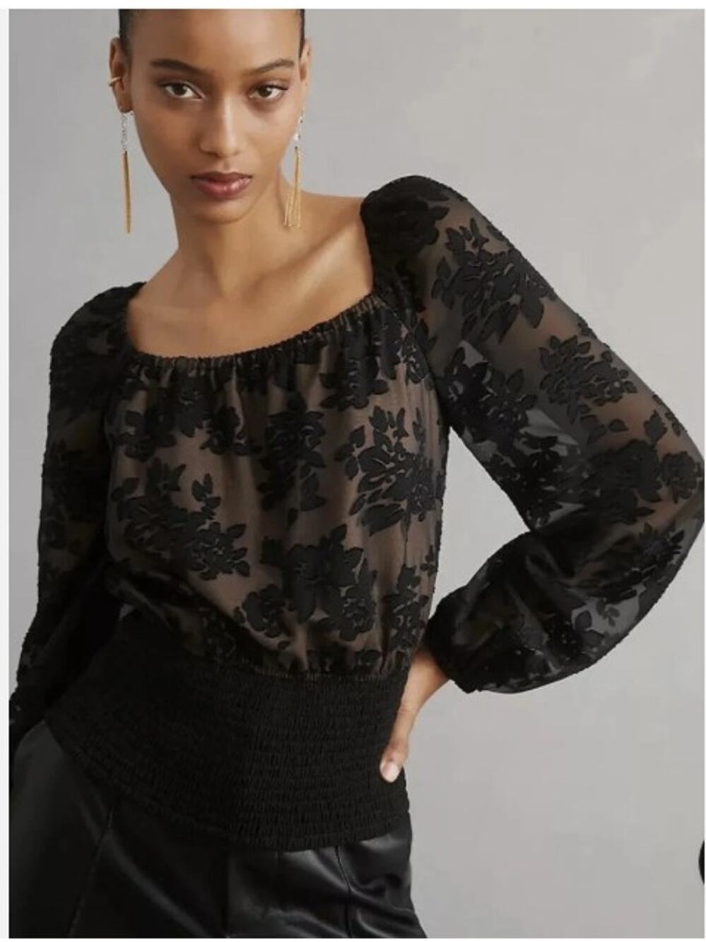 Anthropologie Current Air Smocked Black Lace Smocked Blouse,  Size Medium